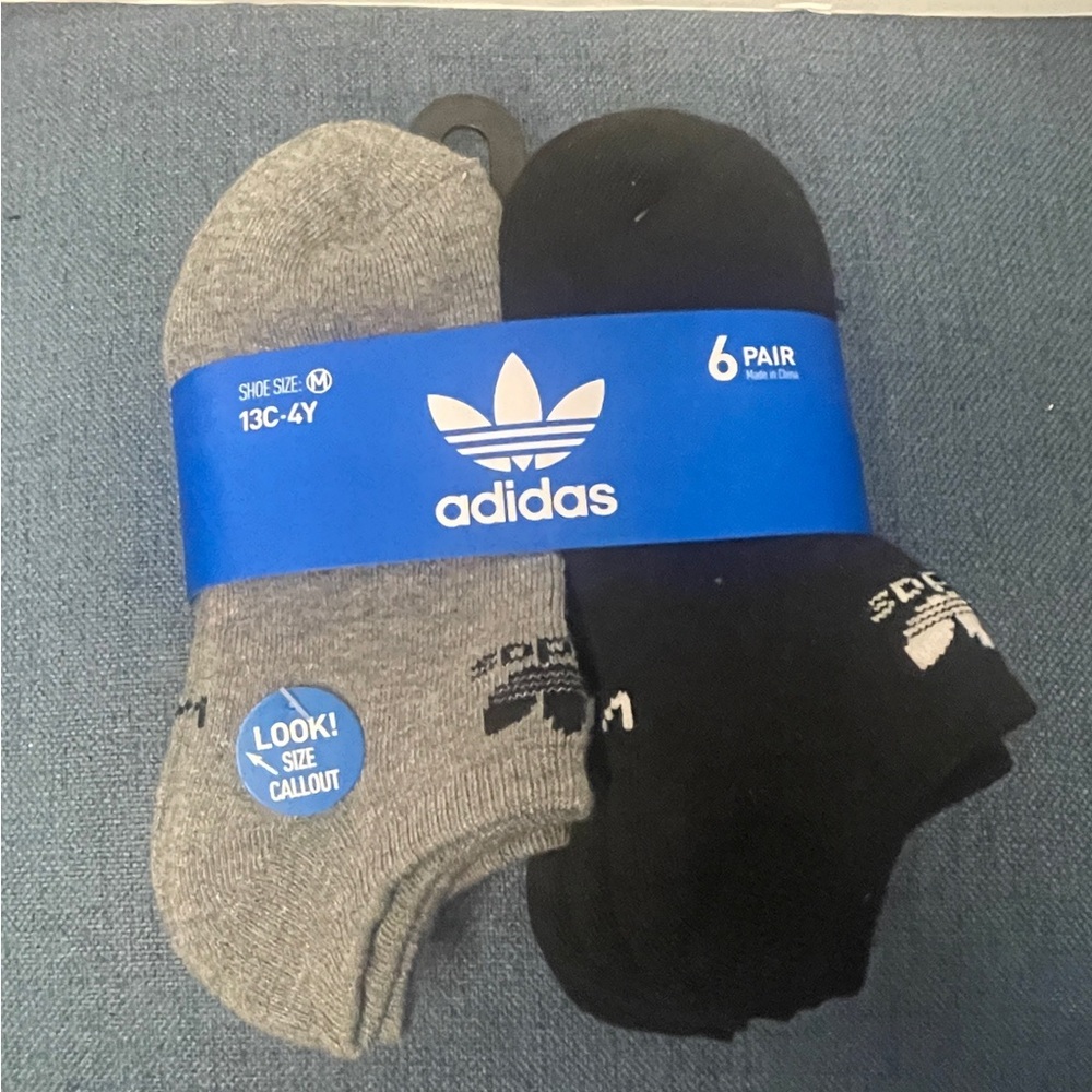 Adidas Kids 6-Pack Ankle Socks - Black & Heather Gray (13C-14Y)